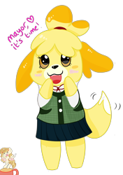 Size: 2106x3000 | Tagged: safe, artist:rainbowtashie, character:sweet biscuit, animal crossing, bedroom eyes, cup, dunking, excited, food, heart, isabelle, looking at you, nintendo, nintendo switch, obligatory pony, open mouth, simple background, sweetbiscuit, tail wag, talking, talking to viewer, tea, tongue out, transparent background