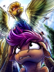 Size: 3000x4000 | Tagged: safe, artist:lupiarts, character:scootaloo, character:spitfire, species:pegasus, species:pony, episode:the washouts, g4, my little pony: friendship is magic, clothing, duo, female, filly, floppy ears, flying, foal, lens flare, lip bite, looming, mare, scared, shrunken pupils, spread wings, sweat, sweating profusely, uniform, wings