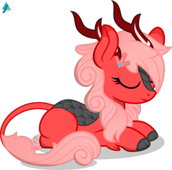 Size: 1850x1832 | Tagged: safe, artist:arifproject, oc, oc:downvote, species:kirin, derpibooru, derpibooru ponified, episode:sounds of silence, g4, my little pony: friendship is magic, cute, eyes closed, kirin-ified, meta, ponified, prone, simple background, smiling, solo, species swap, transparent background, vector