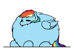 Size: 800x600 | Tagged: safe, artist:flutterluv, character:rainbow dash, species:pegasus, species:pony, back fluff, behaving like a bird, birb, butt fluff, chest fluff, cute, eyes closed, female, fluffy, leg fluff, majestic as fuck, mare, maximum floof, neck fluff, prone, simple background, sleeping, solo, white background