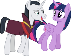 Size: 11033x8674 | Tagged: safe, artist:illumnious, character:chancellor neighsay, character:twilight sparkle, character:twilight sparkle (alicorn), species:alicorn, species:pony, species:unicorn, episode:school raze, g4, my little pony: friendship is magic, absurd resolution, clothing, neighsparkle, open mouth, simple background, smiling, transparent background, vector, walking