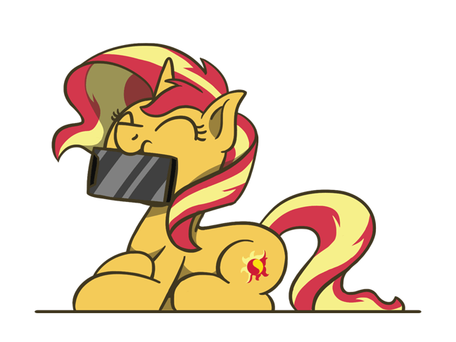 Size: 648x486 | Tagged: safe, artist:flutterluv, character:sunset shimmer, species:pony, species:unicorn, animated, cellphone, cute, digital art, eyes closed, female, gif, happy, hnnng, mare, nibbling, nom, phone, prone, shimmerbetes, silly, silly pony, simple background, sitting, smiling, solo, sunset shimmer day, transparent background