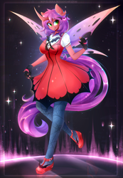 Size: 2500x3605 | Tagged: safe, artist:koveliana, oc, oc only, species:anthro, species:changeling, species:plantigrade anthro, changeling oc, clothing, cosplay, costume, dress, female, horn, pantyhose, pose, wings