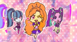 Size: 873x480 | Tagged: safe, artist:rileyav, character:adagio dazzle, character:aria blaze, character:sonata dusk, my little pony:equestria girls, blowing a kiss, chibi, female, heart, looking at you, one eye closed, open mouth, pose, the dazzlings, watermark, wink