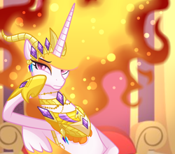 Size: 1700x1500 | Tagged: safe, artist:sugaryicecreammlp, character:nightmare star, species:alicorn, species:pony, g4, bored, crown, female, fire, jewelry, jewels, mane of fire, mare, regalia, solo, throne, throne room, throne slouch
