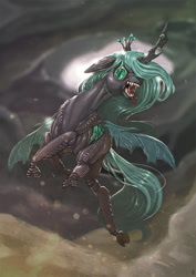 Size: 1000x1415 | Tagged: safe, artist:mrs1989, character:queen chrysalis, species:changeling, changeling queen, fangs, female, open mouth, solo