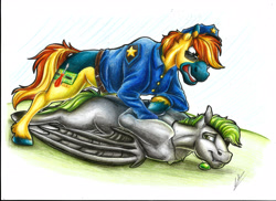 Size: 3506x2550 | Tagged: safe, artist:lupiarts, oc, oc only, oc:rabid, oc:yaktan, species:bat pony, arm behind back, arrested, colored, coloured pencil, cuffs, handcuffed, jewelry, necklace, police, police officer, police uniform, smiling, smirk, traditional art
