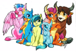 Size: 3402x2334 | Tagged: safe, artist:lupiarts, character:gallus, character:ocellus, character:sandbar, character:silverstream, character:smolder, character:yona, species:changeling, species:classical hippogriff, species:dragon, species:earth pony, species:griffon, species:hippogriff, species:pony, species:reformed changeling, species:yak, season 8, bow, braid, cloven hooves, colored hooves, colored pencil drawing, commission, cute, diaocelles, diastreamies, dragoness, female, fluffy, gallabetes, group, hair bow, jewelry, male, monkey swings, necklace, sandabetes, simple background, sitting, smiling, smolderbetes, student six, teenager, traditional art, unshorn fetlocks, white background, yonadorable