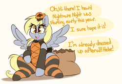 Size: 1280x882 | Tagged: safe, artist:graphenescloset, character:derpy hooves, species:pegasus, species:pony, series:daapi halloween weight gain drive, clothing, cute, female, halloween, halloween costume, holiday, incentive drive, mare, socks, solo, striped socks, this will end in weight gain