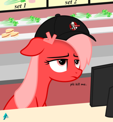 Size: 1800x1947 | Tagged: safe, artist:arifproject, oc, oc only, oc:downvote, derpibooru, derpibooru ponified, cap, celery, clothing, counter, frown, hat, kfc, kill me, meta, ponified, solo, unamused, vector, working