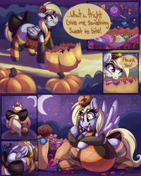 Size: 4800x6000 | Tagged: safe, artist:graphenescloset, character:derpy hooves, species:pegasus, species:pony, series:daapi halloween weight gain drive, absurd resolution, aderpose, adorafatty, belly, big belly, bow, candy, chubby, clothing, costume, fat, female, food, halloween, holiday, incentive drive, mare, messy eating, socks, solo, stomach noise, striped socks, tail bow, weight gain