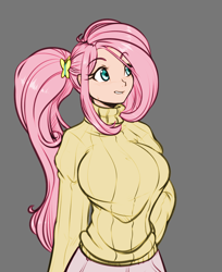 Size: 1282x1573 | Tagged: safe, artist:scorpdk, edit, character:fluttershy, species:human, anime, big breasts, blushing, breasts, busty fluttershy, clothing, colored, female, gray background, grin, hair tie, hand on hip, humanized, lip bite, looking sideways, nervous, ponytail, simple background, smiling, soft color, solo, standing, sweat, sweatdrop, sweater, sweater puppies, sweatershy, turtleneck