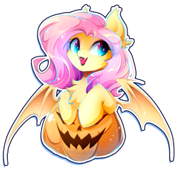 Size: 2173x2133 | Tagged: safe, artist:koveliana, character:flutterbat, character:fluttershy, species:bat pony, species:pony, bust, chest fluff, cute, fangs, female, halloween, holiday, jack-o-lantern, looking away, looking sideways, mare, open mouth, pumpkin, race swap, shyabates, shyabetes, simple background, smiling, solo, spread wings, transparent background, wings