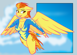 Size: 2601x1867 | Tagged: safe, artist:up1ter, character:spitfire, species:anthro, species:pegasus, species:plantigrade anthro, species:pony, breasts, cleavage, clothing, female, flying, leotard, mare, solo, wonderbolt leotard