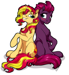 Size: 3500x3800 | Tagged: safe, artist:lupiarts, character:fizzlepop berrytwist, character:sunset shimmer, character:tempest shadow, species:pony, species:unicorn, my little pony: the movie (2017), my little pony:equestria girls, blushing, commission, crack shipping, female, high res, lesbian, mare, shipping, simple background, tempestshimmer, transparent background