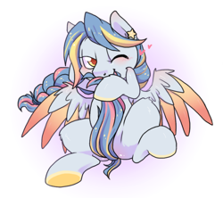 Size: 900x800 | Tagged: safe, artist:paperbagpony, oc, oc only, oc:seashore swirl, species:pegasus, species:pony, biting, braid, heart, one eye closed, solo, tail bite, wink