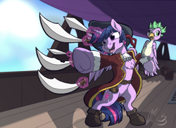 Size: 2974x2160 | Tagged: safe, artist:lupiarts, artist:snoopystallion, character:spike, character:twilight sparkle, character:twilight sparkle (alicorn), species:alicorn, species:parrot, species:pony, bipedal, chest fluff, clothing, comic sins, frog (hoof), hat, levitation, magic, open mouth, pirate hat, pirate twilight, pointing, species swap, sword, telekinesis, underhoof, weapon