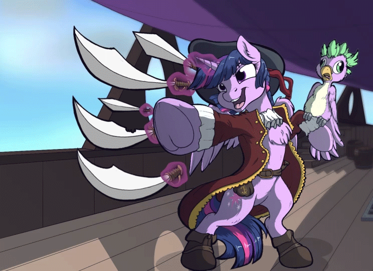 Size: 744x540 | Tagged: safe, artist:lupiarts, artist:snoopystallion, character:spike, character:twilight sparkle, character:twilight sparkle (alicorn), species:alicorn, species:parrot, species:pony, species:unicorn, animated, bipedal, birdified, chest fluff, clothing, comic sins, frog (hoof), gif, hat, levitation, magic, open mouth, pirate hat, pirate twilight, pointing, species swap, sword, telekinesis, underhoof, weapon