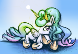 Size: 2209x1536 | Tagged: safe, artist:gsphere, character:princess celestia, alternate hairstyle, female, prone, smiling, solo