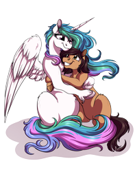 Size: 3200x4000 | Tagged: safe, artist:lupiarts, character:princess celestia, oc, species:alicorn, species:pony, belly, cake, cellshaded, commission, cute, female, food, hug, mare, missing accessory, pudgy, regalia, simple background, transparent background