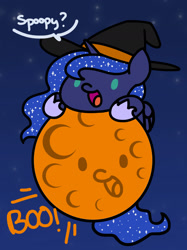 Size: 1280x1707 | Tagged: safe, artist:flutterluv, character:princess luna, species:alicorn, species:pony, series:flutterluv's full moon, chibi, clothing, cute, female, full moon, halloween, hat, holiday, moon, open mouth, solo, tangible heavenly object, witch hat