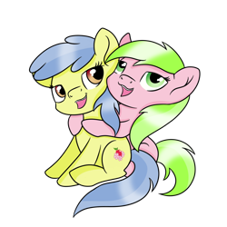 Size: 1024x1024 | Tagged: safe, artist:rainbowtashie, character:apple flora, character:sweet tooth, species:earth pony, species:pony, apple family member, duo, female, hug, mare, simple background, transparent background