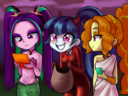 Size: 1600x1200 | Tagged: safe, artist:rileyav, character:adagio dazzle, character:aria blaze, character:sonata dusk, equestria girls:rainbow rocks, g4, my little pony: equestria girls, my little pony:equestria girls, bag, bare shoulders, bedroom eyes, belly button, blushing, clothing, costume, cute, demon, devil horns, female, halloween, holiday, jewelry, mermaid, midriff, necklace, nintendo ds, seashell, sleeveless, smiling, starfish, the dazzlings, tiara, toga, trick or treat