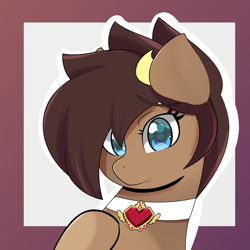 Size: 1280x1280 | Tagged: safe, artist:ribiruby, oc, oc only, oc:ruby, oc:ruby big heart, species:earth pony, species:pony, abstract background, choker, cow horns, cow pony, female, looking at you, raised hoof, smiling, solo