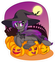Size: 1280x1433 | Tagged: safe, alternate version, artist:up1ter, oc, oc:platinum wing, species:bat, species:bat pony, species:pony, bat pony oc, clothing, commission, frog (hoof), full moon, halloween, hat, holiday, jack-o-lantern, moon, pumpkin, simple background, solo, transparent background, underhoof, witch, witch hat