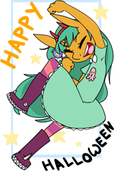 Size: 1279x1920 | Tagged: safe, artist:kryptchild, character:snails, species:anthro, boots, clothing, cosplay, costume, crossover, dress, female, glitter shell, halloween, halloween costume, holiday, shoes, socks, solo, star butterfly, star vs the forces of evil, trans female, transgender