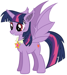 Size: 3823x4334 | Tagged: safe, artist:andoanimalia, gameloft, character:twilight sparkle, character:twilight sparkle (alicorn), species:alicorn, species:bat pony, species:pony, spoiler:comic, spoiler:comic33, absurd resolution, bat ponified, bat pony alicorn, cute, eye color change, fangs, female, food, jewelry, mare, mobile game, night of the living apples, orange, pendant, race swap, simple background, smiling, solo, transparent background, twiabetes, twibat, vector