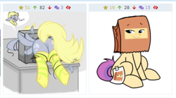 Size: 500x280 | Tagged: safe, artist:jen-neigh, artist:paperbagpony, derpibooru original, edit, character:derpy hooves, character:flash sentry, oc, oc:paper bag, species:pony, derpibooru, clothing, funny, juxtaposition, meta, oops, paper bag, silly, silly face, silly pony, socks, striped socks