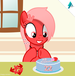 Size: 1871x1875 | Tagged: safe, artist:arifproject, oc, oc only, oc:downvote, derpibooru, derpibooru ponified, birthday, birthday cake, birthday party, cake, downvote, flower, food, grin, meta, party, ponified, smiling, solo, vector, wide eyes, window
