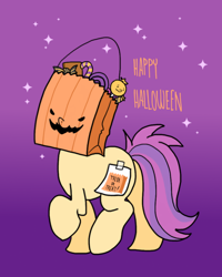 Size: 800x1000 | Tagged: safe, artist:paperbagpony, oc, oc:paper bag, candy, clothing, costume, fake cutie mark, food, halloween, halloween costume, hidden face, holiday, paper bag