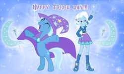 Size: 2544x1518 | Tagged: safe, artist:andoanimalia, character:trixie, species:pony, species:unicorn, my little pony:equestria girls, bipedal, female, hooves in air, human ponidox, mare, ponidox, self ponidox, trixie day, wallpaper, y pose