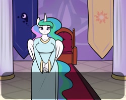 Size: 1280x1024 | Tagged: safe, artist:elzzombie, character:princess celestia, species:alicorn, species:anthro, species:pony, clothing, dress, female, mare, solo