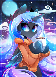 Size: 2200x3000 | Tagged: safe, artist:koveliana, character:princess luna, species:alicorn, species:pony, chocolate, chromatic aberration, clothing, cute, female, food, holding, hoof hold, hot chocolate, looking at you, lunabetes, mare, moon, mug, signature, solo, sparkles, sweater