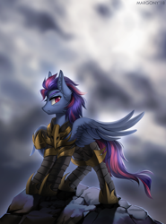 Size: 900x1217 | Tagged: safe, artist:margony, oc, oc only, oc:lost, species:pegasus, species:pony, armor, blurred background, commission, digital art, ear fluff, frown, fullbody, looking back, male, multicolored hair, rock, solo, stallion