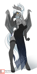 Size: 577x1154 | Tagged: safe, artist:arctic-fox, oc, oc only, oc:star light(bat), species:anthro, species:bat pony, species:unguligrade anthro, anthro oc, bat pony oc, bat wings, breasts, clothing, dress, ear fluff, evening gloves, female, gloves, lidded eyes, long gloves, sexy, simple background, smiling, solo, stockings, thigh highs, white background, wings