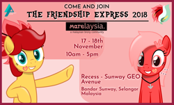 Size: 3604x2173 | Tagged: safe, artist:arifproject, oc, oc:downvote, oc:rosa blossomheart, derpibooru, derpibooru ponified, advertisement, hoofsies, malaysia, meta, ponified, promo, the friendship express, the friendship express 2018