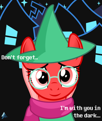 Size: 2200x2603 | Tagged: safe, artist:arifproject, oc, oc only, oc:downvote, derpibooru, derpibooru ponified, spoiler:deltarune, clothing, costume, deltarune, glasses, hat, looking at you, meta, ponified, ralsei, scarf, simple background, smiling, song reference, text, witch hat