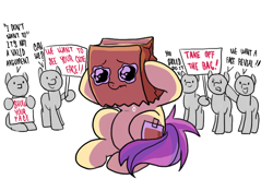 Size: 1000x700 | Tagged: safe, artist:paperbagpony, derpibooru original, oc, oc:paper bag, species:earth pony, species:pony, :d, :|, angry, anonymous, crying, fake cutie mark, frown, glare, hoof hold, open mouth, paper bag, peer pressure, sad, signs, simple background, sitting, smiling, teary eyes, waving, wavy mouth, white background