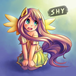 Size: 600x600 | Tagged: safe, artist:ninjaham, character:fluttershy, species:human, blushing, clothing, cute, eared humanization, female, humanized, kneeling, shyabetes, skirt, tailed humanization, winged humanization