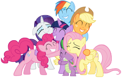 Size: 15700x10000 | Tagged: safe, artist:tardifice, character:applejack, character:fluttershy, character:pinkie pie, character:rainbow dash, character:rarity, character:spike, character:twilight sparkle, species:dragon, species:earth pony, species:pegasus, species:pony, species:unicorn, absurd resolution, female, group hug, hug, male, mane seven, mane six, mare, simple background, transparent background, vector