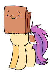 Size: 750x1100 | Tagged: safe, artist:paperbagpony, derpibooru original, oc, oc only, oc:paper bag, species:earth pony, species:pony, 2019 community collab, derpibooru community collaboration, blushing, cute, fake cutie mark, female, mare, ocbetes, paper bag, scrunchy face, simple background, smiling, solo, transparent background, wavy mouth