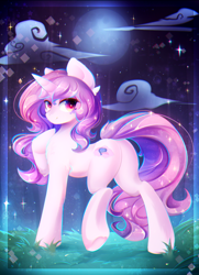 Size: 1736x2396 | Tagged: safe, artist:koveliana, oc, oc only, oc:tender dream, species:pony, species:unicorn, cloud, commission, female, full moon, grass, looking at you, looking back, mare, moon, night, plot, smiling, solo, stars