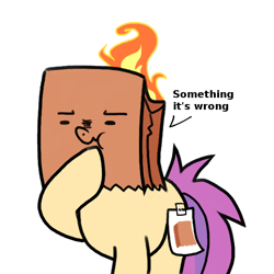 Size: 550x550 | Tagged: safe, artist:paperbagpony, oc, oc only, oc:paper bag, species:earth pony, species:pony, :t, covered cutie mark, fake cutie mark, female, fire, frown, grammar error, mare, on fire, paper bag, scrunchy face, simple background, solo, something is not right, thinking, wat, white background