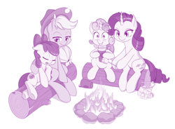 Size: 1280x940 | Tagged: safe, artist:dstears, character:apple bloom, character:applejack, character:rarity, character:sweetie belle, species:earth pony, species:pony, species:unicorn, episode:campfire tales, g4, my little pony: friendship is magic, campfire, coffee, female, filly, food, log, marshmallow, rarity using marshmallows, roasting, sleeping, wide eyes