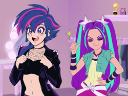 Size: 1600x1200 | Tagged: safe, artist:rileyav, character:aria blaze, character:twilight sparkle, species:human, my little pony:equestria girls, alternate hairstyle, belly button, clothing, duo, eyeshadow, female, fishnets, human coloration, humanized, jacket, leather jacket, light skin, makeup, midriff, punklight sparkle, thumbs up