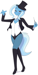 Size: 1626x3169 | Tagged: safe, artist:furrgroup, character:trixie, species:anthro, species:plantigrade anthro, species:pony, species:unicorn, beautiful, black underwear, bow, bow tie, clothing, cute, female, hat, high heels, looking at you, mare, panties, shoes, simple background, smiling, socks, solo, suit, thigh highs, underwear, white background